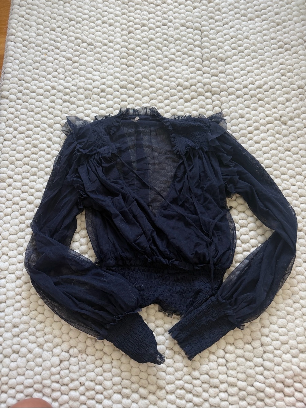 Free People Navy Sheer Ruffle Wrap Blouse
